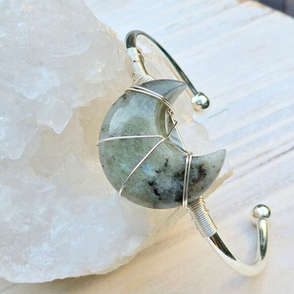 Labradorite Moon Wire Wrap Bracelet w/ 925 Silver Over Copper – Adjustable – NWT - Picture 6 of 13